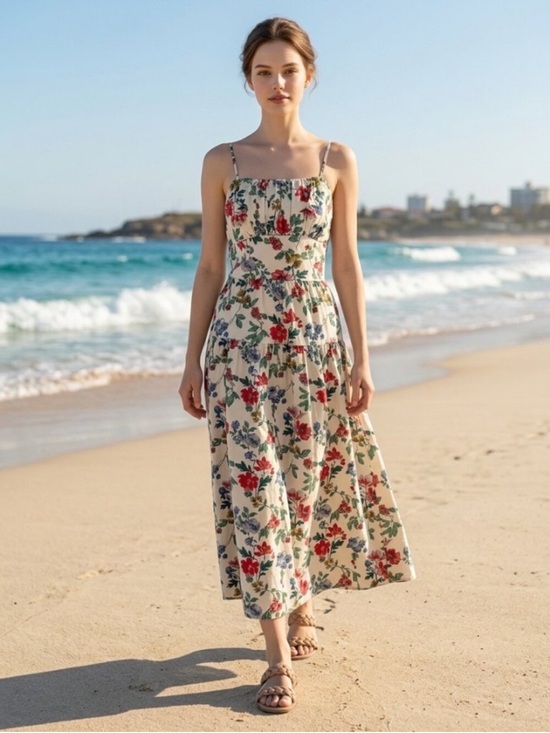 Lucky Brand Dresses & Skirts - Lucky Brand White Maxi Dress with Red, Green & Blue Floral Print